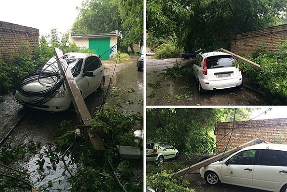 В Пензе на «Калину» упал столб линии электропередач